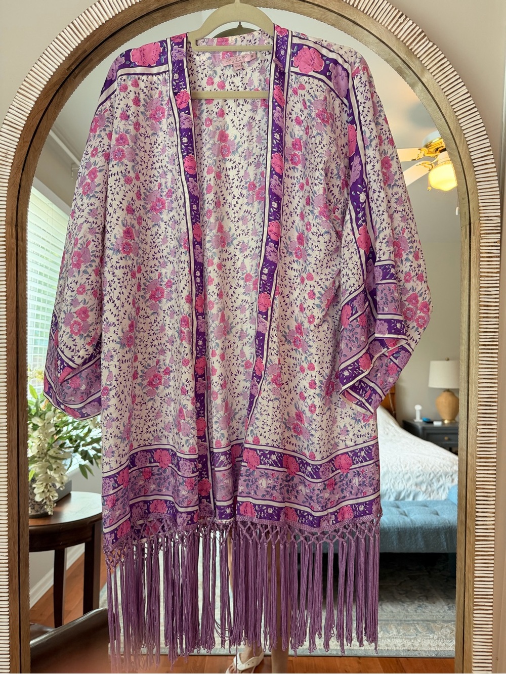Calypso St. Barth M Floral Fringe Kimono Duster Pink Purple Boho Resortwear